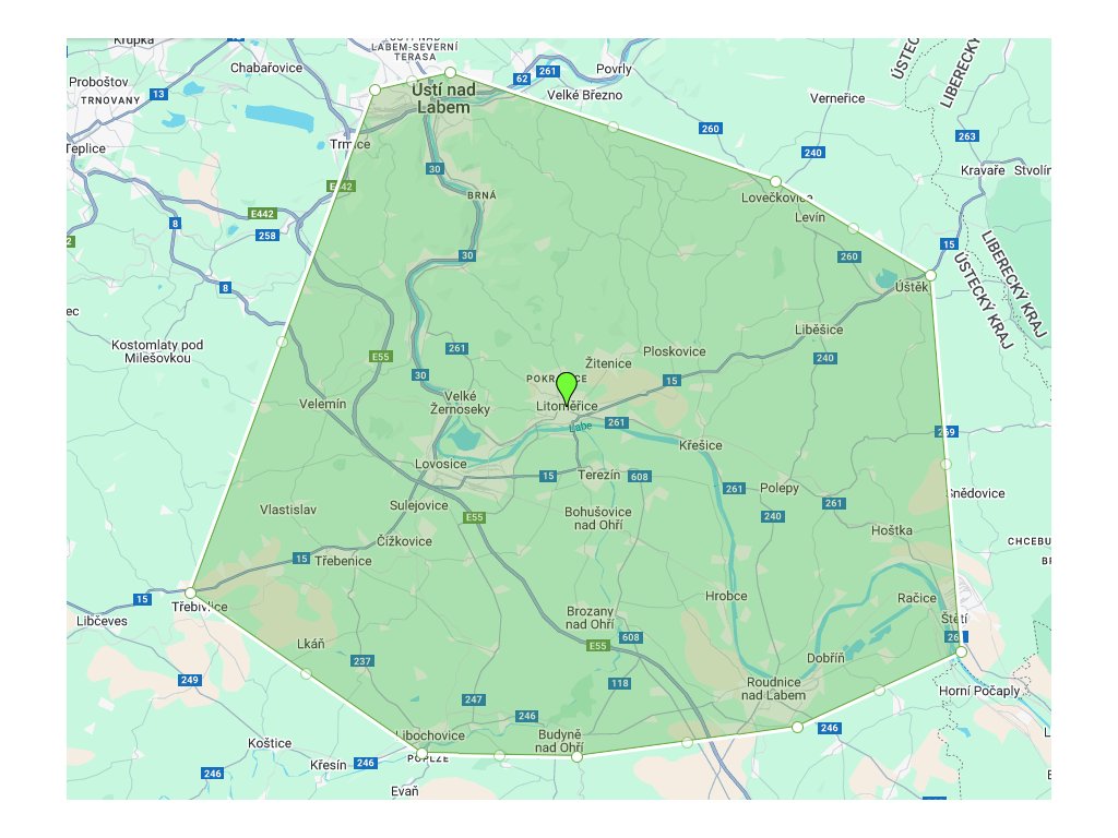 Mapa oblasti působení Čisté hroby — do 25 km od Litoměřic